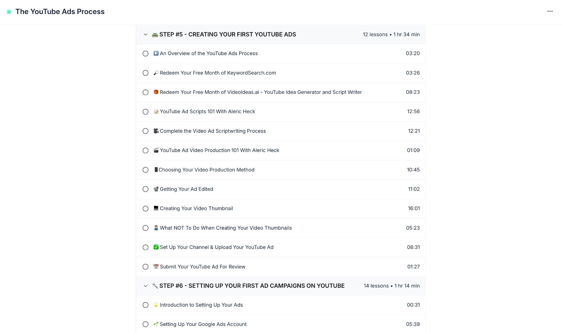 A course curriculum with step-by-step lessons and durations